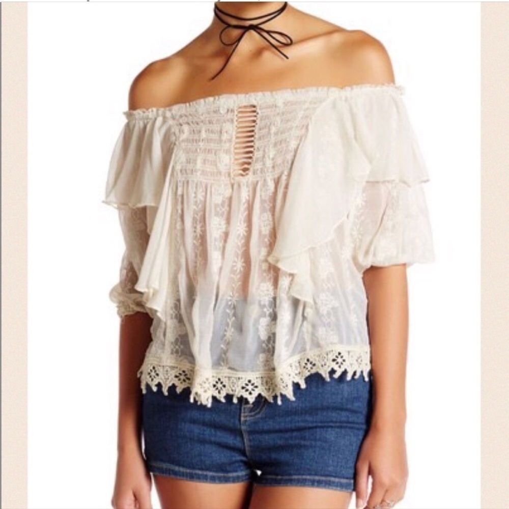 Free People Cream Lace Peasant Blouse with Ruffled Shoulders - Picture 2 of 16